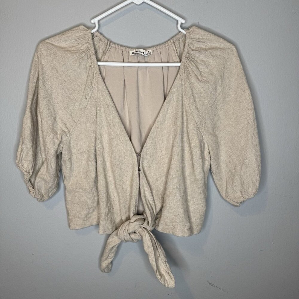 Women’s Abercrombie And Fitch Cropped Tie Front Linen Blend Top Beige Small